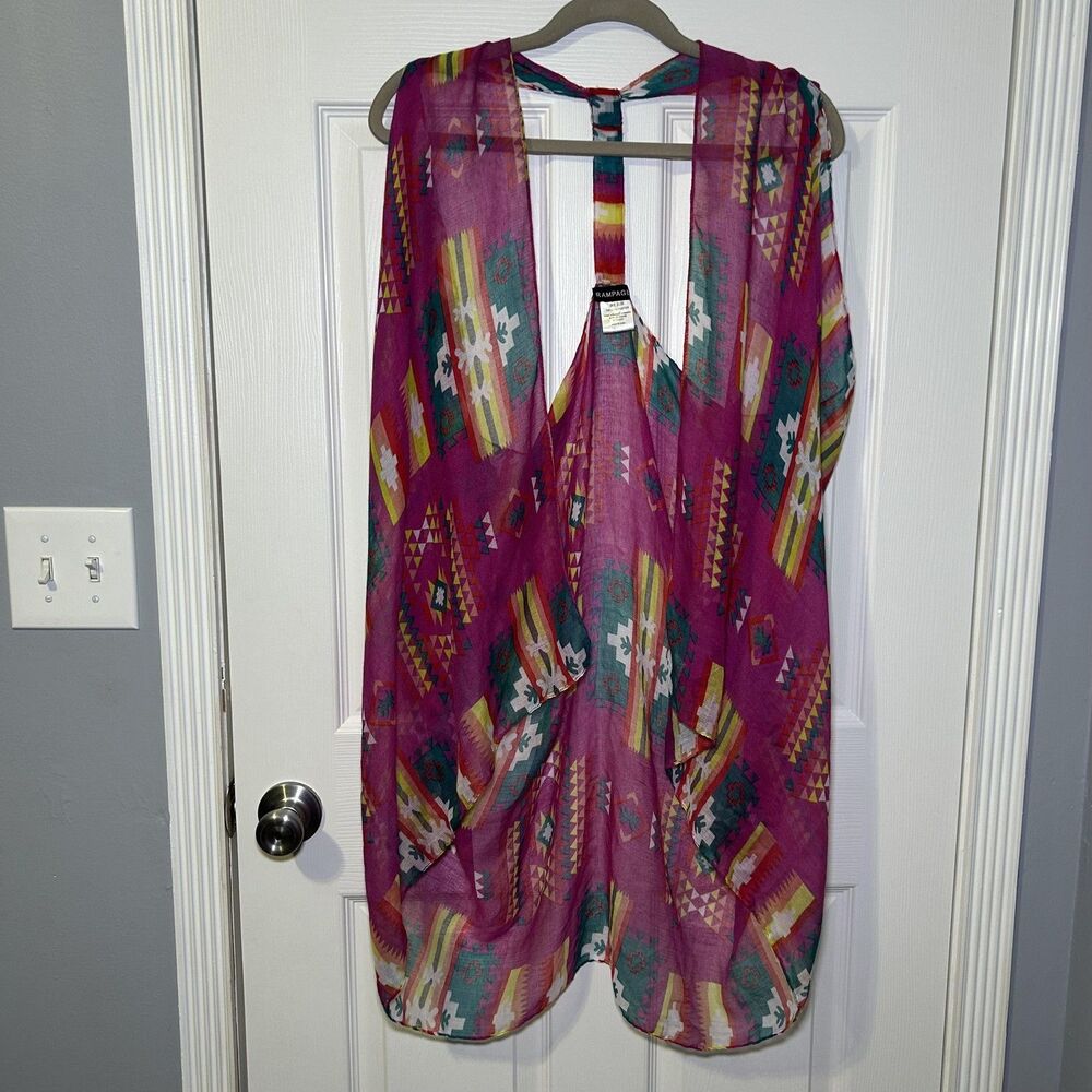 Rampage Kimono Vest Women's One Size Pink Aztec Southwestern Sheer Boho